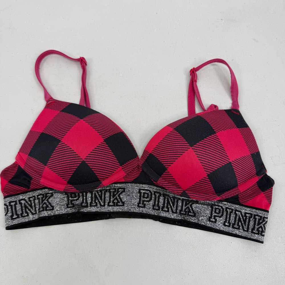 PINK Wireless Push Up Bra Women 34A Red Black Buffalo Plaid Glitter‎ Logo Band